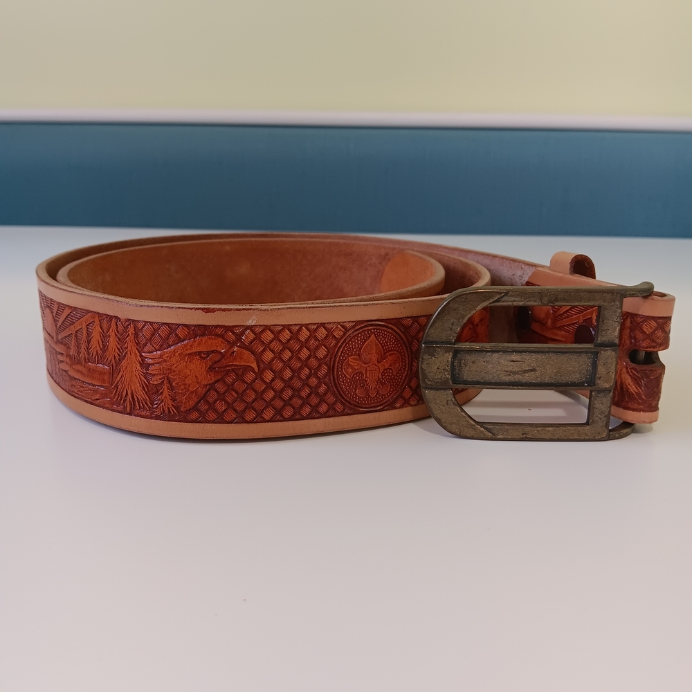 Brown Leather Belt with Engraved DesignVintage Eagle Scout Belt Mens 40 Leather